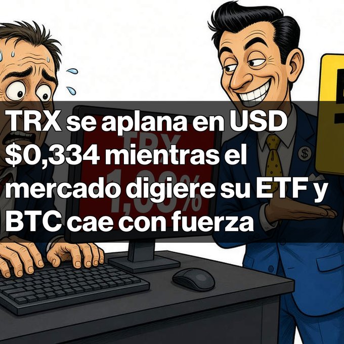A cartoon image with Spanish text reading 'TRX se aplana en USD $0,334 mientras el mercado digiere su ETF y BTC cae con fuerza' showing a sweaty man at a computer next to a smiling suited figure.