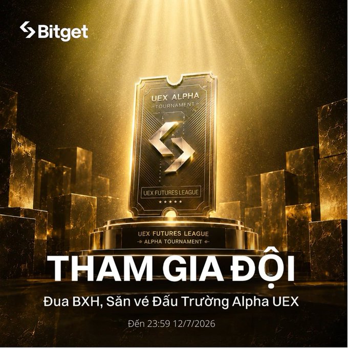 Bitget promotional poster for the 'UEX ALPHA TOURNAMENT' with a golden ticket and the Vietnamese text 'THAM GIA ĐỘI' and deadline '23:59 12/7/2026'.