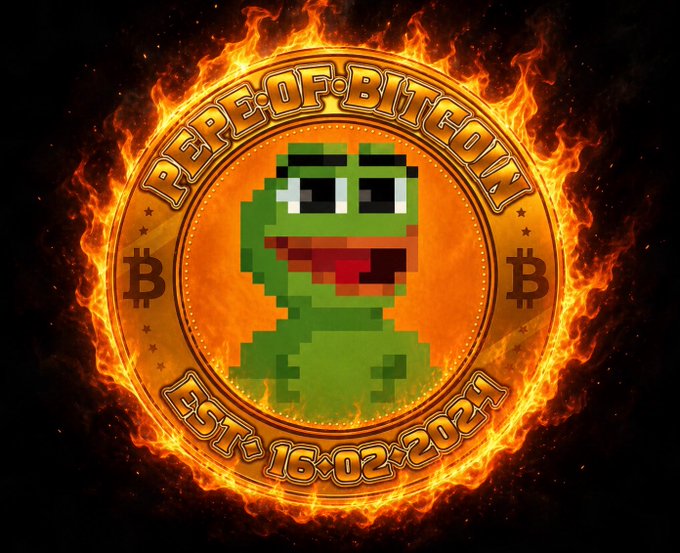 A meme coin design featuring a pixelated Pepe the Frog character in the center of a flaming orange coin with the text 'PEPE OF BITCOIN' at the top and 'EST 16·02·2021' at the bottom, with Bitcoin 'B' symbols on either side.