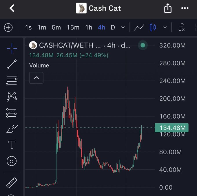 A TradingView chart of CASHCAT/WETH on the 4-hour timeframe shows the meme token's price surging from near zero to a recent value of 134.48M (+24.49%), supporting the post's bullish sentiment of "buying the dip" as the token recovers toward new highs.