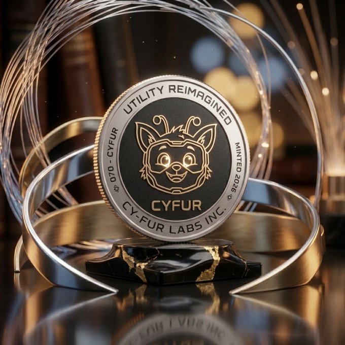 A silver commemorative coin for 'CYFUR LABS INC.' featuring a dog-like mascot face, inscribed with 'UTILITY REIMAGINED' and '070-CYFUR', displayed on a black and gold marble base.