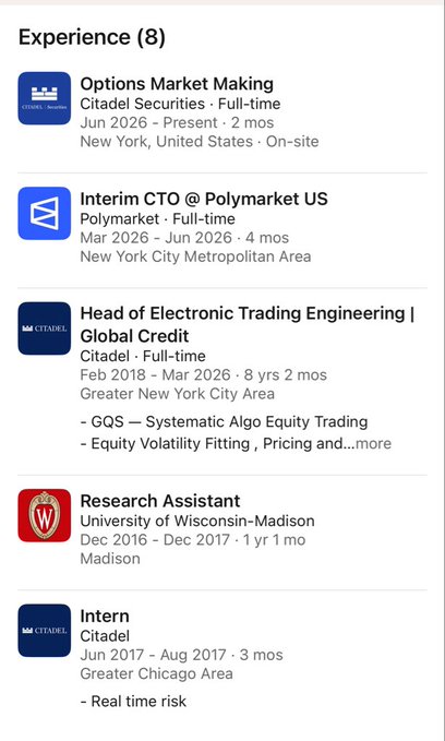 The image displays Mukilan Ashok's LinkedIn experience section, showing a career timeline that includes Options Market Making at Citadel Securities (Jun 2026 - Present), Interim CTO at Polymarket US (Mar 2026 - Jun 2026, 4 months), Head of Electronic Trading Engineering at Citadel (Feb 2018 - Mar 2026, 8 yrs 2 mos), Research Assistant at University of Wisconsin-Madison, and a Citadel internship—visually confirming the post's narrative of an 8-year Citadel tenure, a brief 4-month Polymarket stint as CTO, and a return to Citadel in options market making.