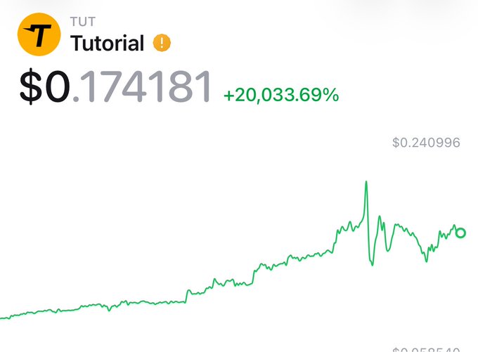 A price chart of the "TUT Tutorial" token showing a current price of $0.174181 with a +20,033.69% gain, illustrating the poster's shock at discovering their previously small investment has grown dramatically.
