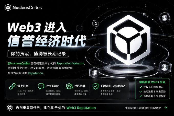 Promotional graphic for NucleusCodes with Chinese and English text reading 'Web3 进入信誉经济时代' and 'Join Nucleus, Build Your Reputation,' advertising a decentralized reputation network based on on-chain behavior.