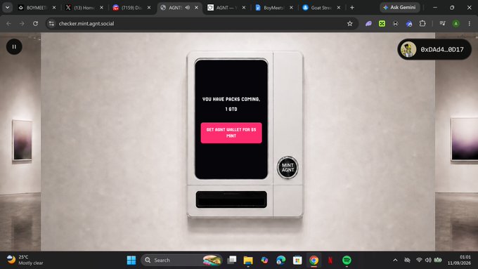 A screenshot shows a web browser on 'checker.mint.agent.social' displaying a digital vending machine that reads 'YOU HAVE PACKS COMING, 1 GTO' and 'GET AGENT WALLET FOR 85 MINT' with a 'MINT AGENT' button.