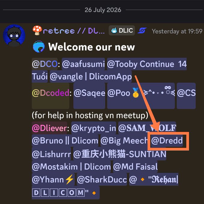 A Telegram message from retree dated 26 July 2026 welcoming new members, with an orange arrow highlighting the username @Dredd.