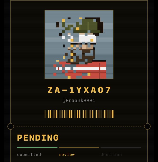 A digital card showing a pixel-art character with an ID code "ZA-1YXA07" and the username "@Fraank9991", with a progress bar indicating the review status is "PENDING".