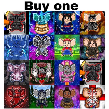 A collage of twelve colorful NFT-style digital artwork tiles featuring mice and cats in various costumes and designs, with the text 'Buy one' at the top.
