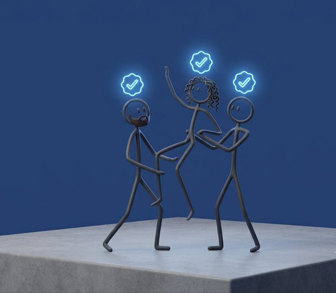 A 3D illustration showing three stick figures cheering on a platform, with two of them holding up a female stick figure and glowing checkmark icons above them.