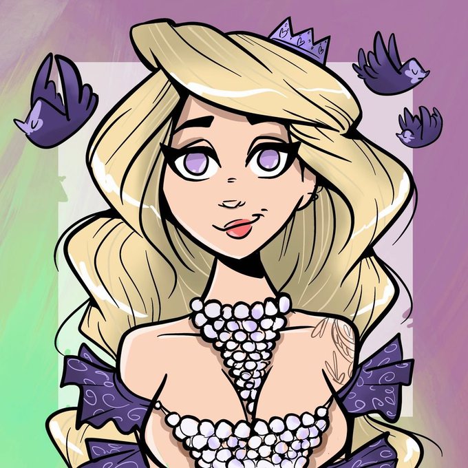 An anime-style digital illustration of a blonde woman with purple eyes wearing a pearl-adorned dress, accompanied by small purple bird-like creatures against a colorful background.