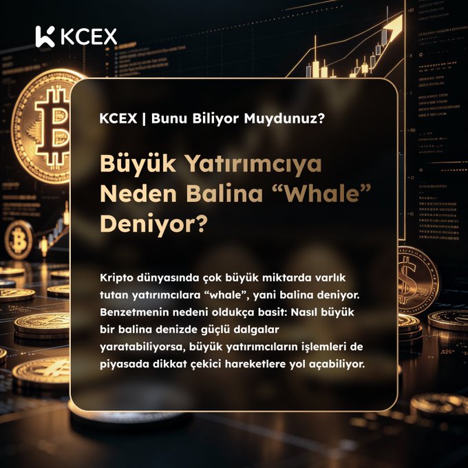 A KCEX-branded Turkish-language infographic explaining why large crypto investors are called "whales" ("Büyük Yatırımcıya Neden Balina 'Whale' Deniyor?"), set against a backdrop of Bitcoin coins and trading charts, illustrating how whale transactions create powerful market movements just as whales create large waves at sea.