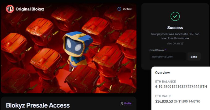 A screenshot of a successful presale transaction for "Original Blokyz" (Blokyz Presale Access) showing a blue cartoon mascot among red backpacks, with the user holding 19.58 ETH valued at $36,830.53 on the Overview panel, illustrating the high-bar presale access being discussed.