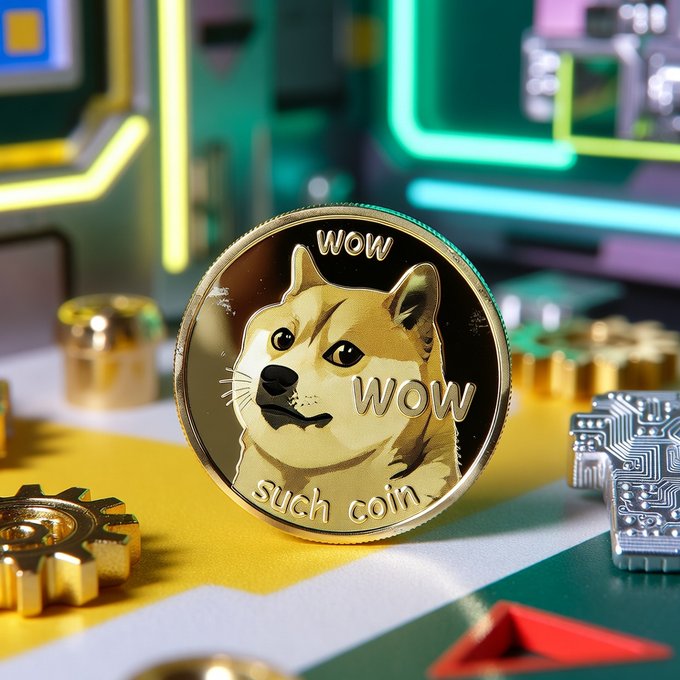A close-up of a Dogecoin-style coin featuring the Shiba Inu dog and the words “WOW WOW such coin,” set among colorful crypto-themed props.