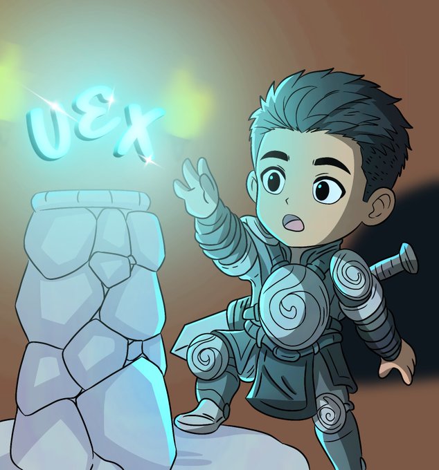 A cartoon character in armor stands beside a glowing blue stone tower, with the text "VEX" floating in luminous letters above the tower, visually representing the introduction of VEX as a verifiable, locally-deployed AI trading agent.