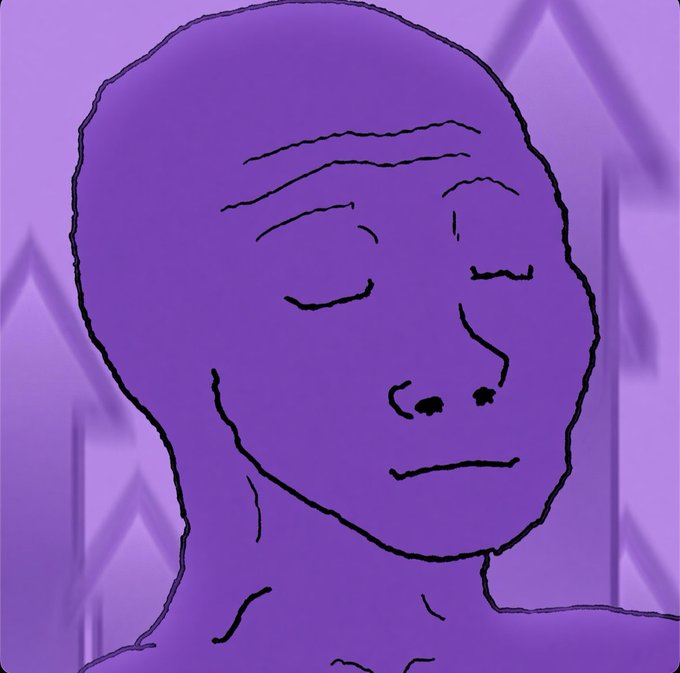 A serene purple-toned digital drawing of a content, smiling bald figure set against a background of upward arrows, visually reinforcing the optimistic and community-focused tone of the call to action inviting meme suggestions.