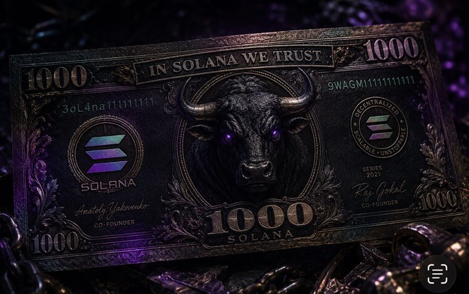A darkly stylized $1000 "Solana" banknote featuring a fierce bull with glowing purple eyes, flanked by the Solana logo and the motto "IN SOLANA WE TRUST," with visible addresses "3oL4na11111111" and "9WAGMI11111111," and signatures labeled "Anatoly Yakovenko, Co-Founder" and "Raj Gokal, Co-Founder" (Series 2021). The bullish imagery and the "In Solana We Trust" slogan visually reinforce the post's optimistic price targets for $SOL (to $1000) and $CURB (to $0.10), symbolizing strong conviction in Solana's future rise.