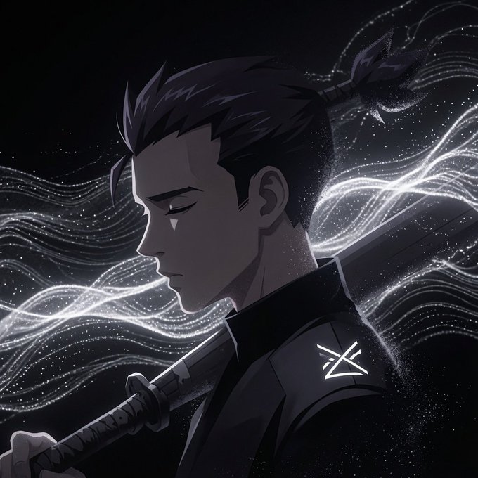 A dark-haired anime-style warrior is shown in profile with eyes closed, carrying a sword on his shoulder, surrounded by flowing wave-like streams of light particles in a starry void. A rune-like symbol with an "X" marked through it appears on his shoulder. The imagery evokes stoic endurance despite unseen hardship, mirroring the post's theme of investors silently holding through an 8% loss while unaware of the underlying USD/RMB volatility.