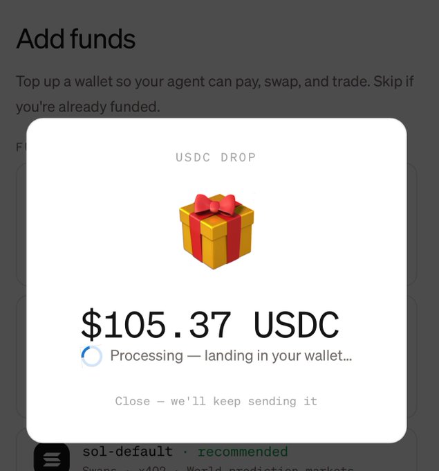 This image shows a "USDC DROP" notification confirming a "USDC DROP" of "$105.37 USDC", processing and landing in the user's wallet, which ties into the post's claim of receiving free money from MoonPay.
