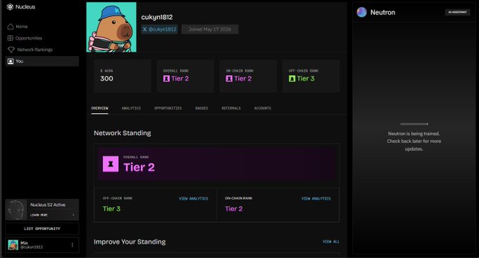 A dashboard interface for "Nucleus" showing a user profile "cukujn1812" with a kappa mascot avatar, displaying various metrics like "NRN 300" and "OVERALL RANK Tier 2."