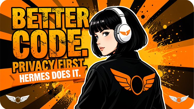 A stylized graphic features a dark-haired woman in a black jacket with orange winged logos, wearing headphones, against a vibrant orange and black splatter background. Bold text reads "BETTER CODE. PRIVACY FIRST. HERMES DOES IT."—visually reinforcing the post's theme of privacy-focused, low-noise tools and the "defaults that don't perform me" philosophy.