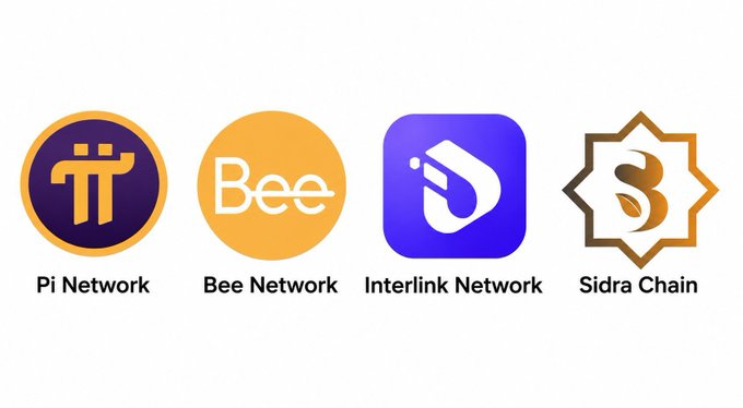 The image displays four crypto mining app logos side by side: Pi Network, Bee Network, Interlink Network, and Sidra Chain, presented as visual options for users to choose which one to delete as prompted in the accompanying post.