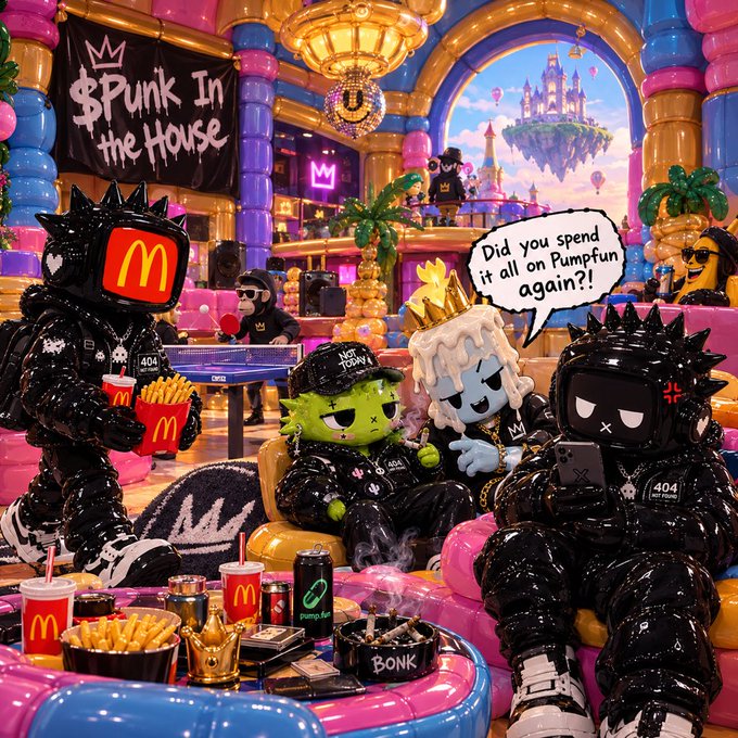 A McDonald's-themed crypto/NFT advertisement featuring cartoon characters in black outfits with McDonald's logos, a banner reading '$Punk In the House', and a speech bubble asking 'Did you spend it all on Pumpfun again?!'.