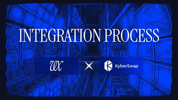 A blue-toned promotional banner reading 'INTEGRATION PROCESS' featuring the logos of 'W' (Wormhole) and KyberSwap separated by an 'X' symbol.