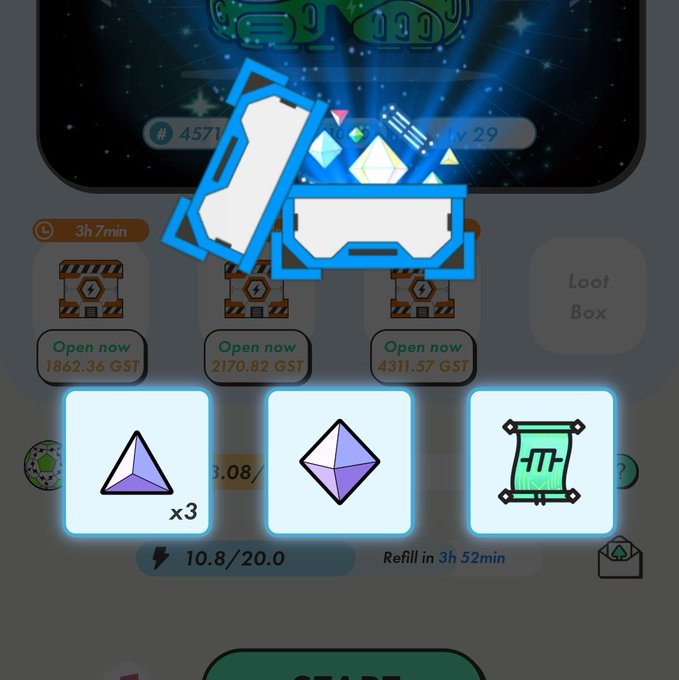 The image shows a phone screen with three different shapes, including a triangle, a rectangle, and a diamond, displayed along with their respective values of 10/8/20/7/2/1/3/0.5/0.57/0.6/0.67/0.72. The post is about how to use the game "Stepn" on a phone, which has three different shapes and their corresponding values displayed in the image.
