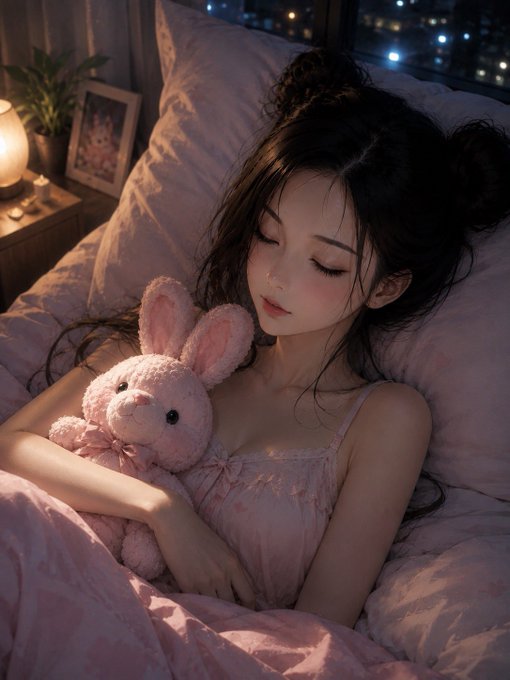 A young girl sleeps peacefully in bed, cradling a pink stuffed bunny against her pink nightgown, as city lights glow softly through the window behind her. The image's tranquil, dreamlike atmosphere perfectly complements the post's goodnight message of wishing peaceful sleep and hopeful tomorrows.