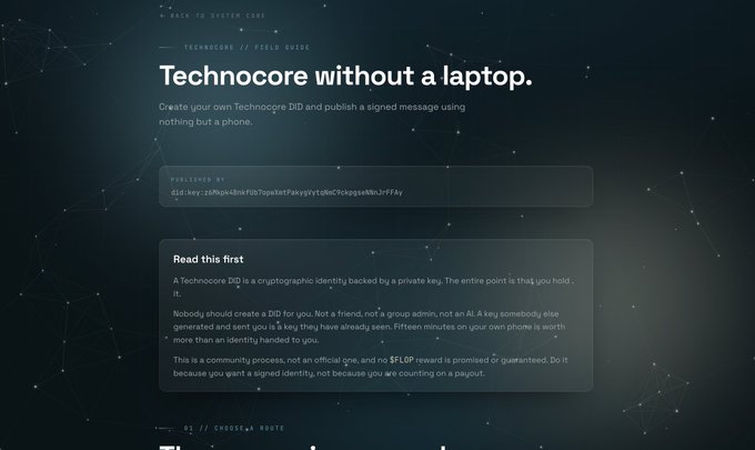 A screenshot of a website titled "Technocore without a laptop," explaining how to create a Technocore DID and publish a signed message using only a phone, with a published DID key visible.