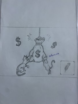A pencil sketch on paper depicting a muscular figure with dollar signs and money bag imagery in a boxing-style pose.