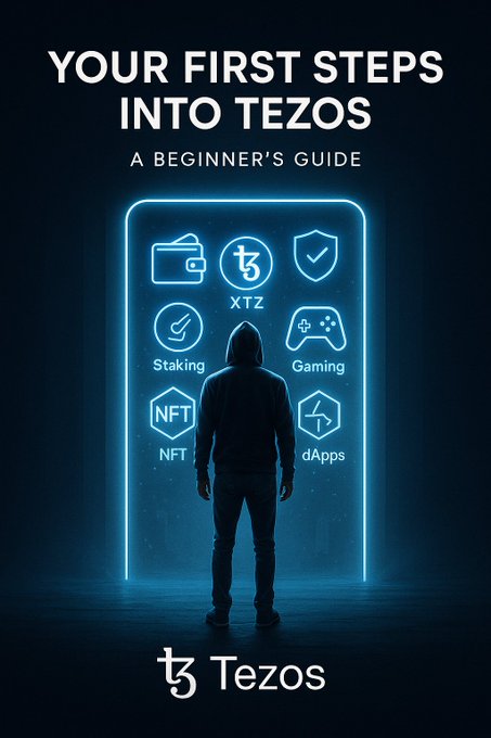 A promotional graphic titled 'YOUR FIRST STEPS INTO TEZOS - A BEGINNER'S GUIDE' featuring a hooded figure standing before a glowing neon door displaying icons for wallet, XTZ, staking, gaming, NFT, and dApps.