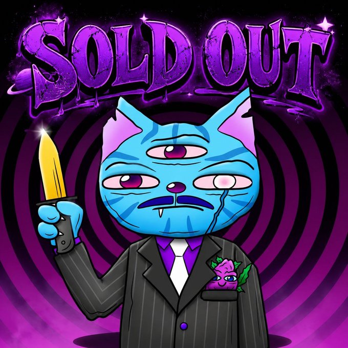 A cartoon NFT-style illustration shows a three-eyed blue cat in a pinstripe suit holding a gold knife, with a smaller pink creature in its breast pocket, under stylized purple 'SOLD OUT' text on a swirled purple background.