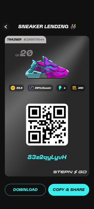 A STEPN GO app screen for Sneaker Lending, featuring a Level 20 Sneaker with 86% GST, a QR code, and a referral link "83s2qyLyvH".