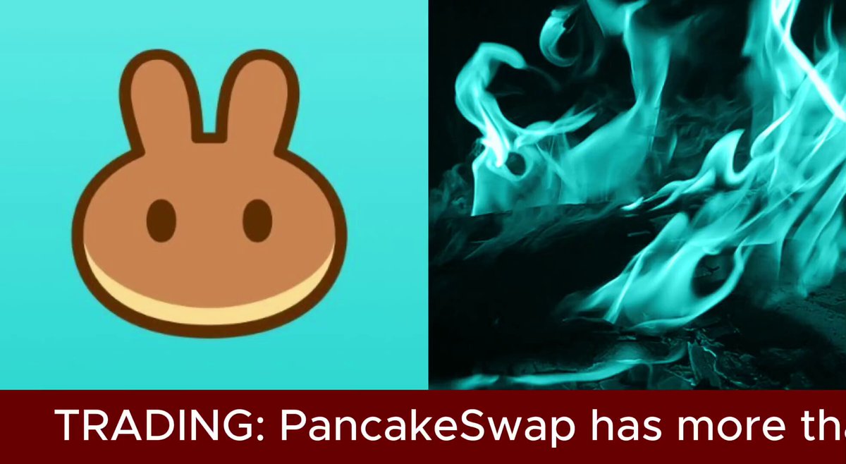 The image shows two distinct visuals that may be related or representative of a trading platform called PancakeSwap. One image presents an adorable cartoon bunny head, while the other displays a blue flame against a black background, possibly representing fire-like elements associated with crypto-currency trading. The text in both images mentions that PancakeSwap has more than $2T worth of volume and counting in its current states, and it stands at $2.072T currently. This might be a post discussing the trading activities or the recent performance of PancakeSwap among other trading platforms.