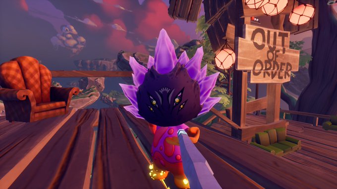A video game character with a spiked purple headpiece stands on a wooden platform near a sign reading 'OUT OF ORDER,' with an armchair and lantern visible.