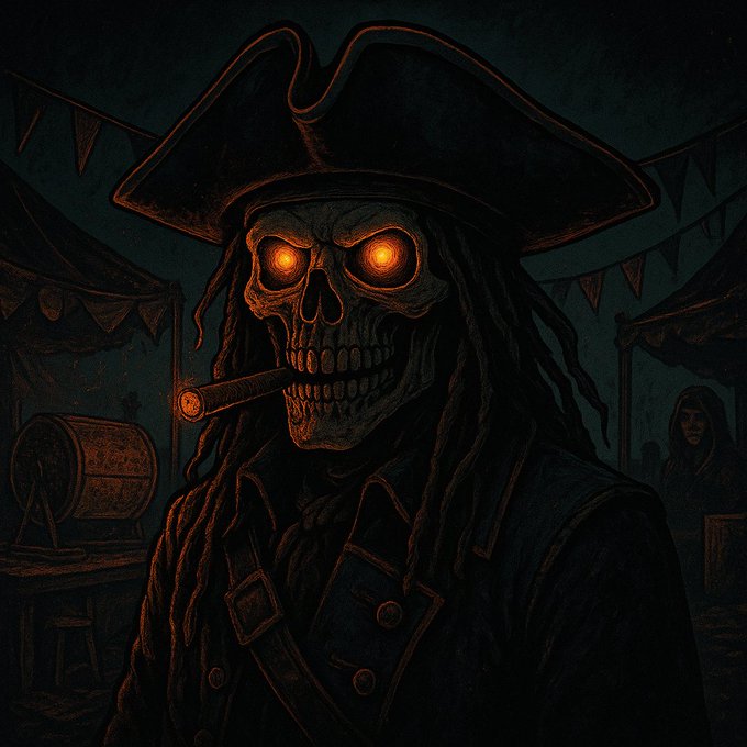A dark, stylized illustration of a pirate skeleton wearing a tricorn hat with glowing orange eyes and a cigar in its mouth, set in a dimly lit harbor scene.