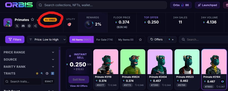A screenshot of the Orbis marketplace showing Primates NFTs for sale, with a red circle highlighting the "5x ORBS" rewards badge next to the collection name, emphasizing the 5x orb earning bonus mentioned in the post.