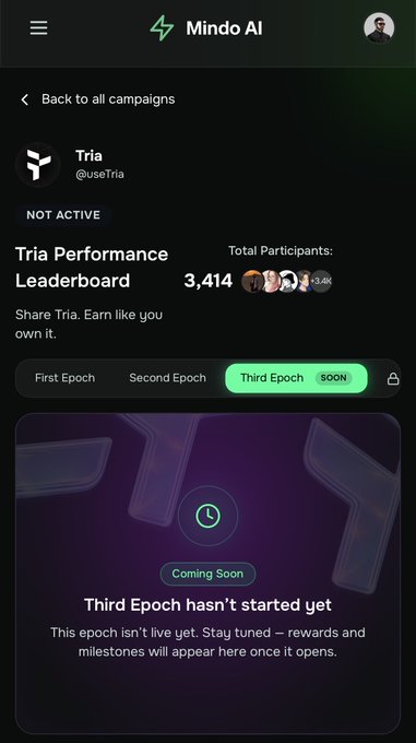 A mobile screenshot of the Mindo AI app showing the Tria Performance Leaderboard campaign (@useTria) marked as 'Not Active' with 3,414 total participants and a 'Coming Soon' message for the Third Epoch.