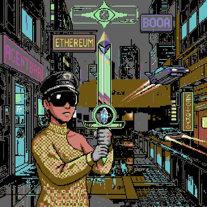 A pixel art illustration depicting a futuristic cyberpunk scene with a woman holding an Ethereum sword, signs reading 'AGENT BAR', 'ETHEREUM', 'BOOA', and a drone flying through a neon city.
