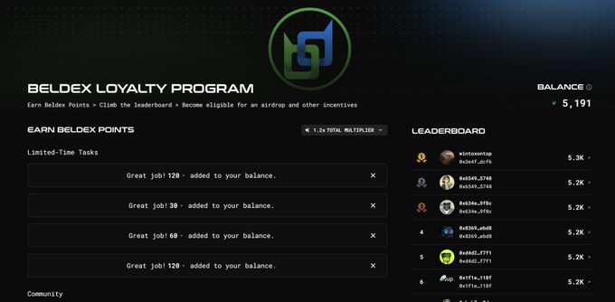 A screenshot of the 'BELDEX LOYALTY PROGRAM' website displaying tasks to earn points and a leaderboard with a balance of 5,191.