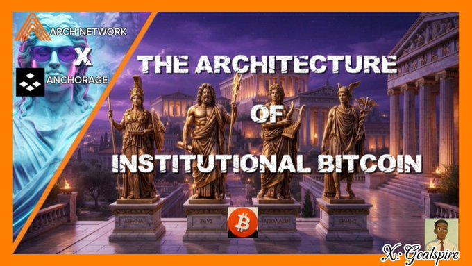 The image features a banner titled "THE ARCHITECTURE OF INSTITUTIONAL BITCOIN" alongside Arch Network and Anchorage logos, depicting classical Greek/Roman-style statues in front of a temple-like structure, visually evoking the concept of building enduring institutional foundations for Bitcoin. This ties directly to the post's message, as the temple imagery symbolizes Anchorage and Arch Network's role in establishing solid, programmable infrastructure that transforms Bitcoin from static cold storage into a versatile tool for institutional use.