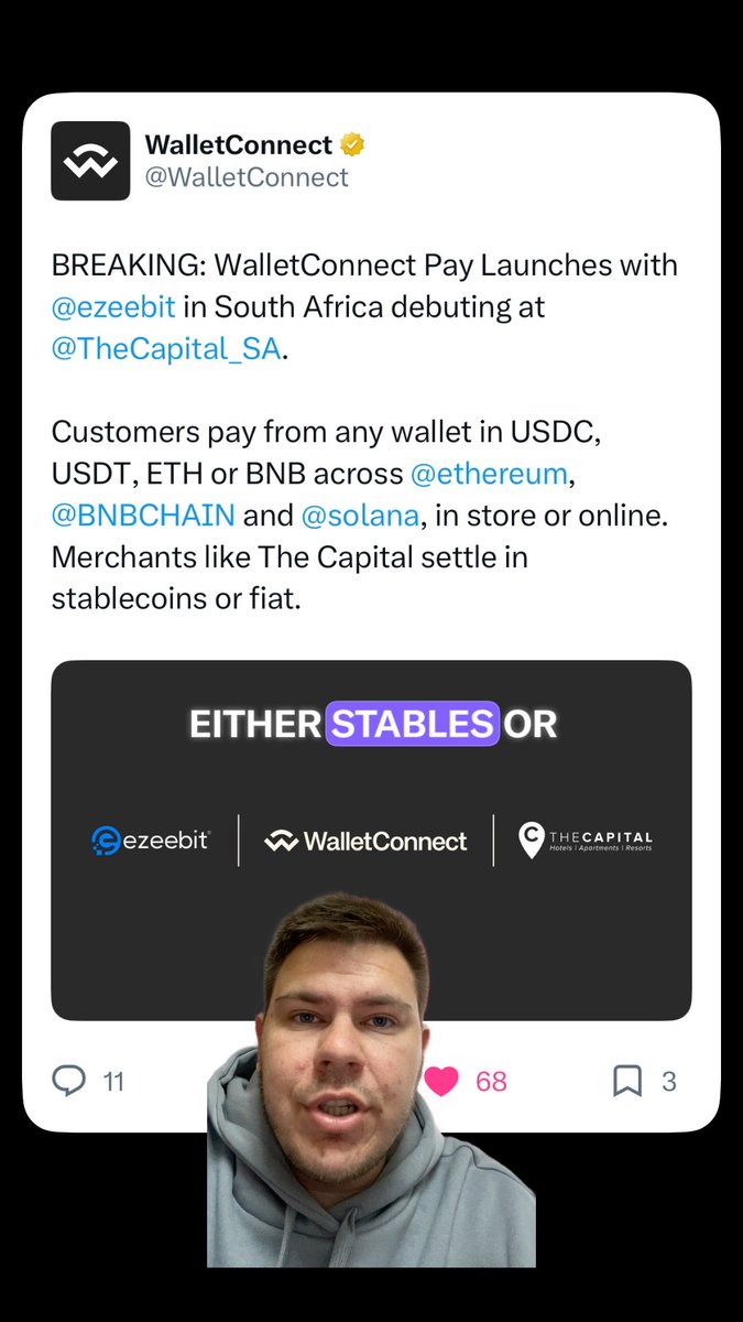A screenshot of a tweet from WalletConnect announcing 'WalletConnect Pay Launches with @ezeebit in South Africa debuting at @TheCapital_SA,' with a man in a gray hoodie appearing in a circular video at the bottom.