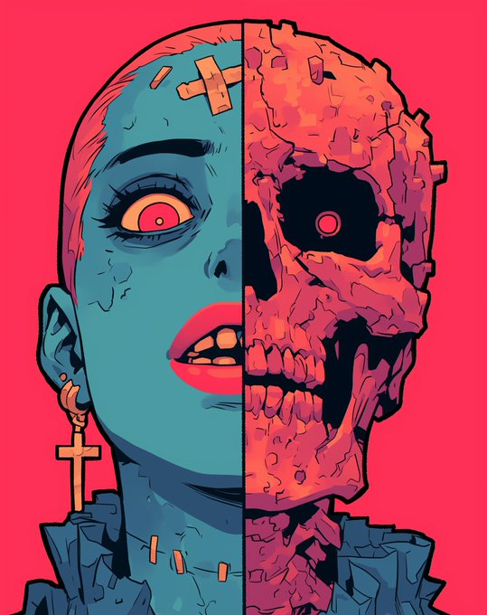 A stylized illustration of a bald female figure split down the middle, showing her normal blue-skinned face on the left and a decaying red skull on the right, against a pink background.