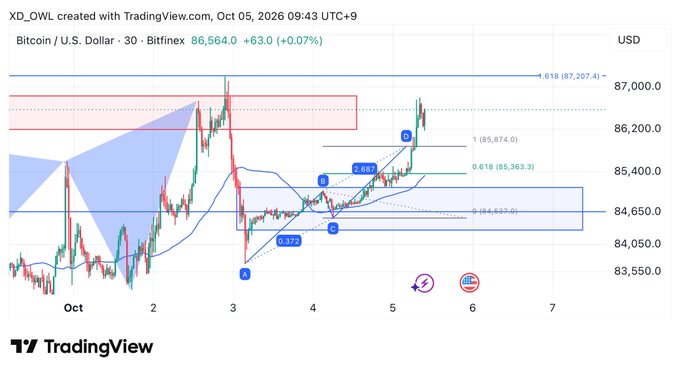 A TradingView chart of Bitcoin / U.S. Dollar on Bitfinex (30m timeframe) priced at $86,564.0, displaying harmonic pattern markings, ABCD harmonic points, and Fibonacci retracement levels including 0.618 at 85,363.3 and 0.786 at 87,207.4.