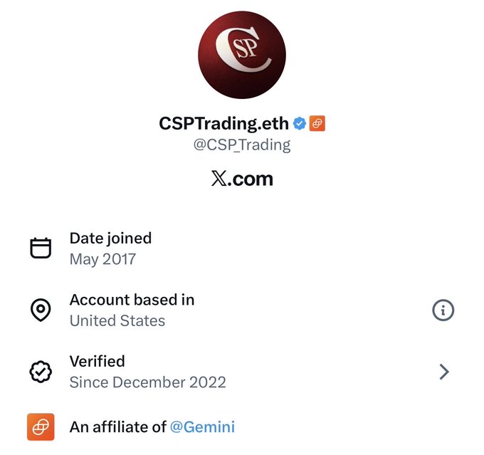 A Twitter/X profile page for 'CSPTrading.eth' (@CSP_Trading), an X.com link, joined May 2017, based in the United States, verified since December 2022, and 'An affiliate of @Gemini'.
