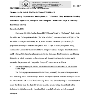 The image shows an unpublished SEC self-regulatory organization notice (SR-Nasdaq-2024-039) dated September 3, 2026, titled "Self-Regulatory Organizations; Nasdaq Texas, LLC; Notice of Filing, and Order Granting Accelerated Approval of a Proposed Rule Change to Amend Rule 5711(d) to modify the generic listing standards for Commodity-Based Trust Shares," in which Nasdaq Texas proposes modifying its rules to allow commodity-based trust shares—including the recently launched XRP—to qualify for generic listing standards.