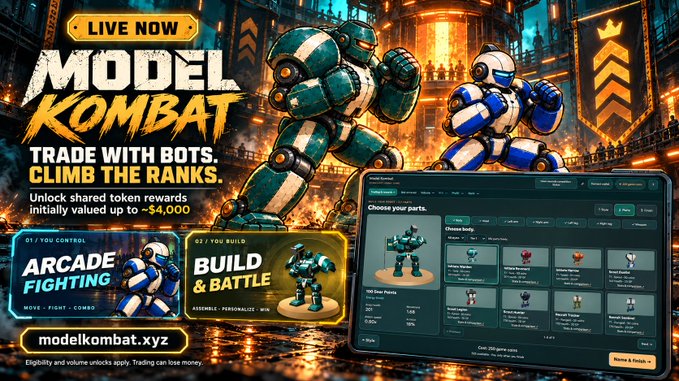 A promotional graphic for "MODEL KOMBAT" featuring fighting robots, advertising an arcade fighting game with bot trading on modelkombat.xyz.