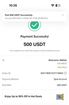 A mobile payment confirmation screen shows 'Payment Successful' for 500 USDT paid to nickname RAHUL via Spot Account.