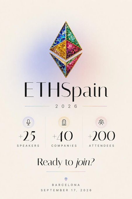 A promotional poster for 'ETHSpain 2026' featuring a colorful Ethereum logo, advertising '+25 Speakers', '+40 Companies', and '+200 Attendees' in Barcelona on September 17, 2026.